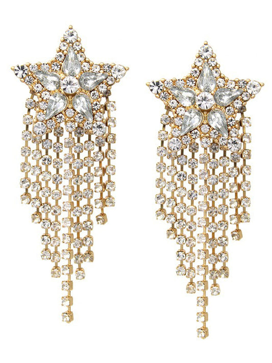 Rhinestone Pave Star with Fringe Drop Earrings